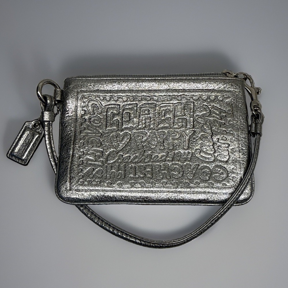 COACH Poppy Metallic Silver Wristlet Clutch Strap Purse Bag Y2K Hangtag FastShip